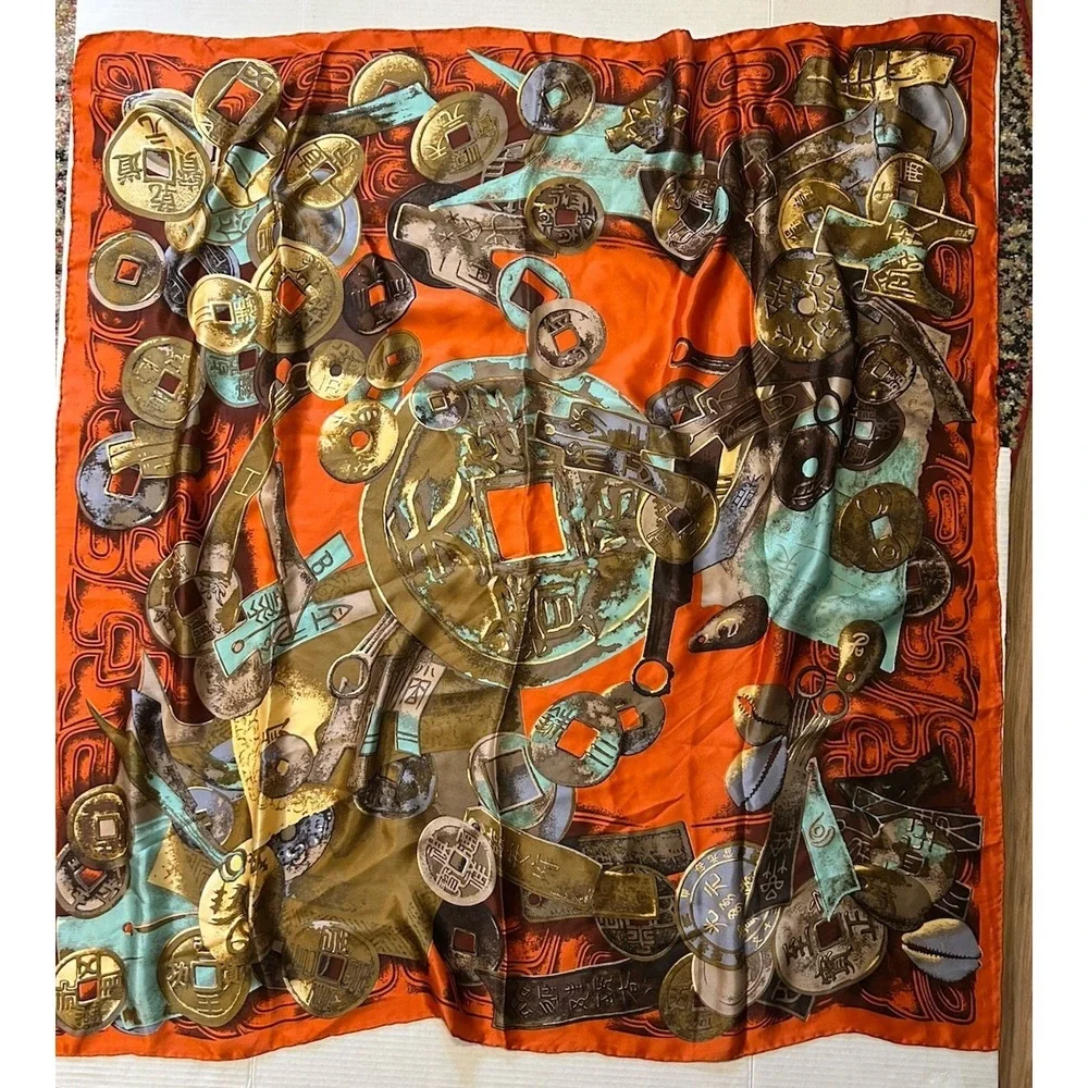 100% Silk Scarf Ancient Chinese Coin Print Square Hand Rolled